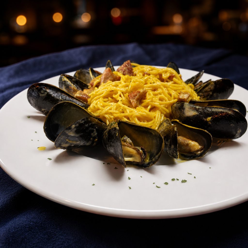 Mussels Saffron over pasta.