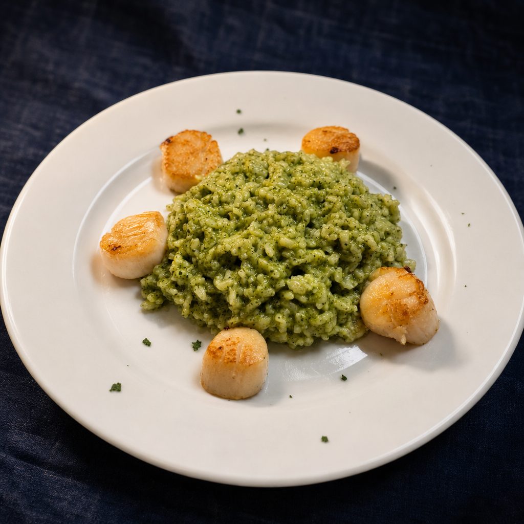 Pesto Risotto with Grilled Scallops.